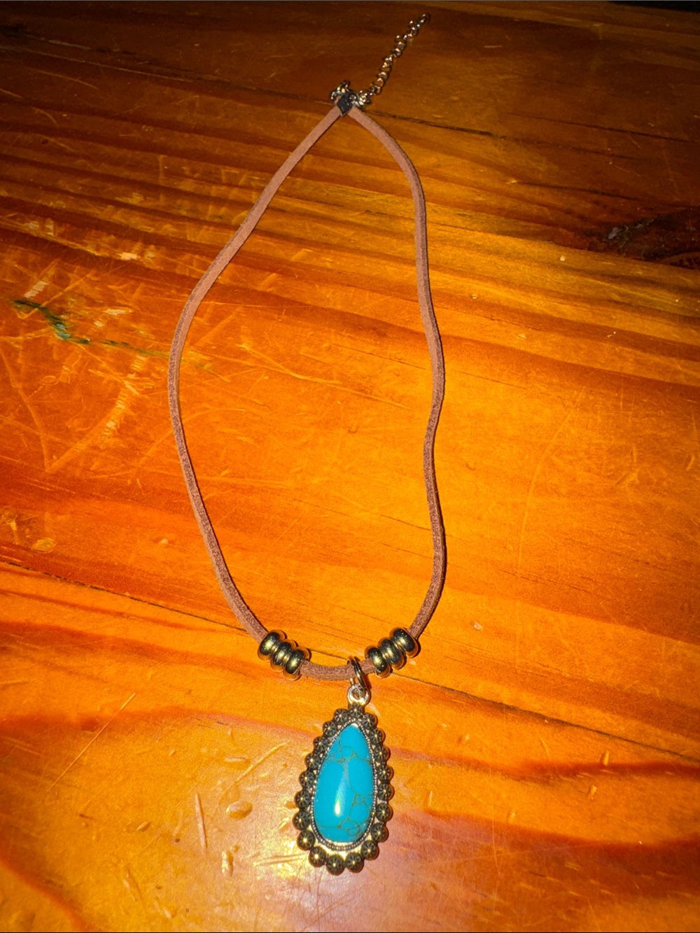 Turquoise Teardrop Pendant Necklace - Brown Suede Cord